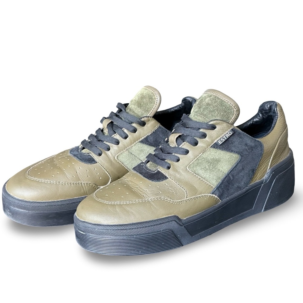 Olive & Dark Green Leather Suede Low-Top Sneakers